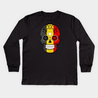 Belgian Flag Sugar Skull with Roses Kids Long Sleeve T-Shirt